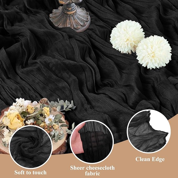 Asee'm 2pcs Cheesecloth Table Runner 120 Inches Long Black Boho Gauze Cheese - Image 3