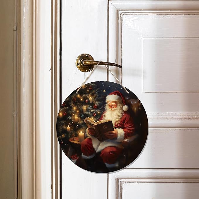 CGBHW Christmas Santa Wooden Sign, Rustic Xmas Santa Bookish Hanging Sign Wall - Image 2