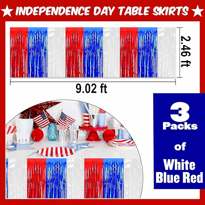 3 Pack White Blue Red Foil Fringe Table Skirts Metallic Tinsel Streamers - Image 2
