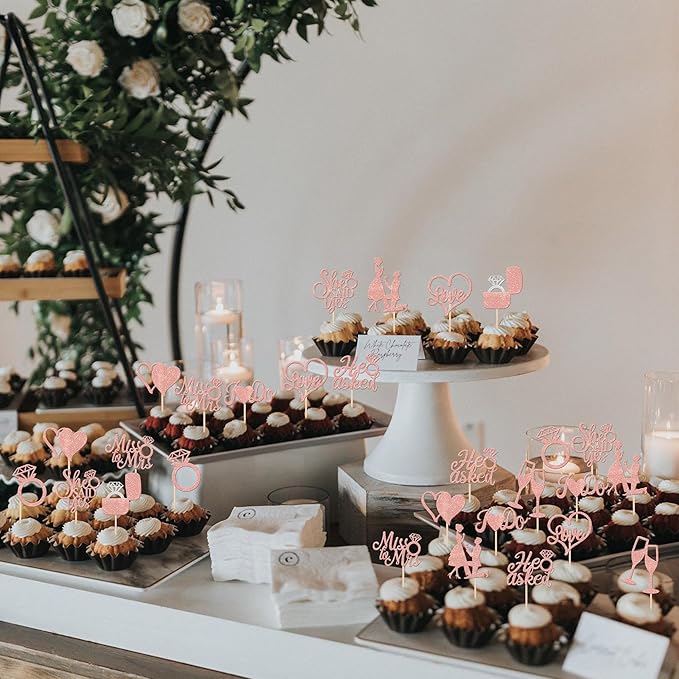 30 PCS He Asked She Said Yes Cupcake Toppers Glitter Wedding Engagement Cupcake - Image 5