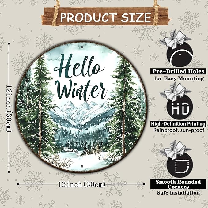 Round Christmas Metal Tin Sign Hello Winter Sign Christmas Pine Trees Welcome - Image 2