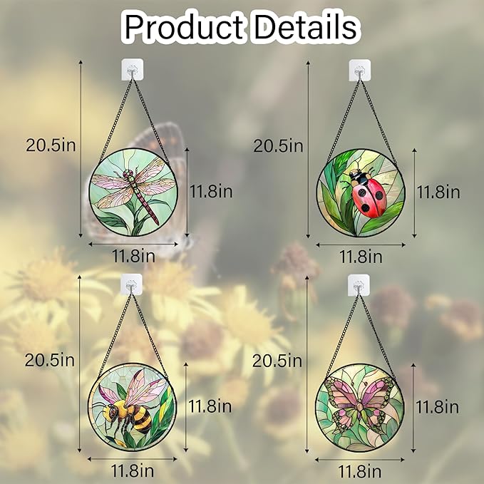 Stained Glass Window Hanging 4 Pcs Set Pink Green Insect Theme Large 11.8" - Image 6