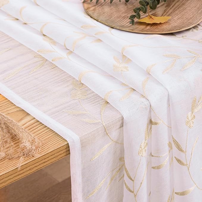 Sheer Curtains Embroidery 63 Inch Length White-Beige Rod Pocket Voile Drapes - Image 6