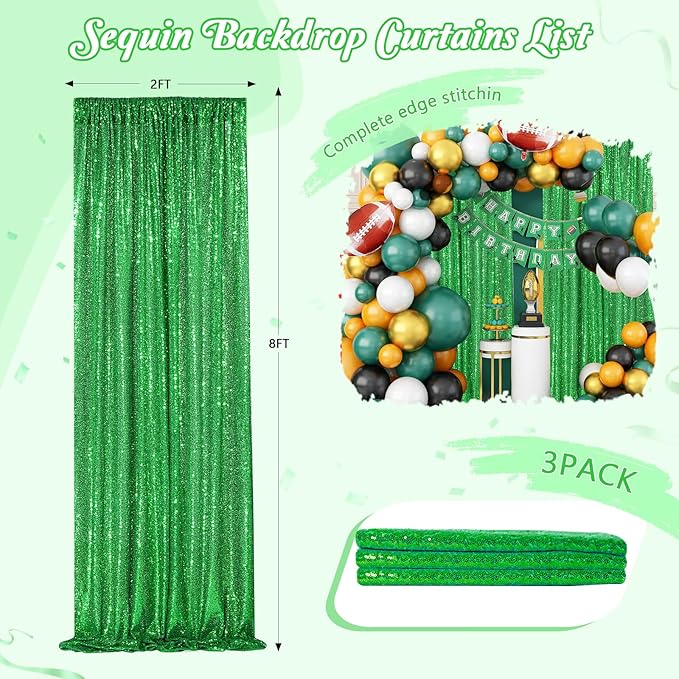 Sequin Curtains Christmas Backdrop 3 Panels Sequin Fabric 2FTx8FT Green - Image 5