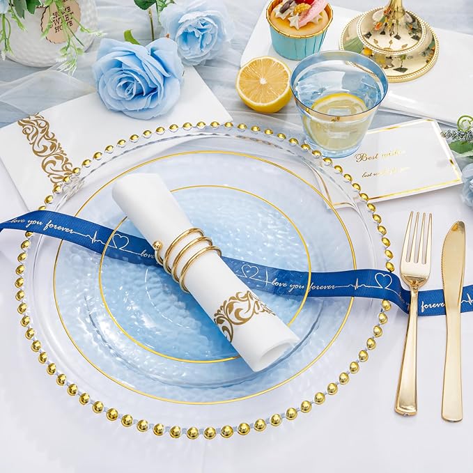 Rubtlamp 350 Pcs Clear Blue Plastic Plates, Hammered Party Plates Set - Image 3