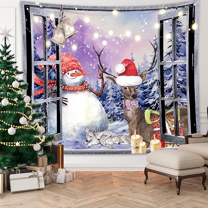 QGHOT Christmas Window Tapestry Wall Hanging Christmas Backdrop Winter Window - Image 2