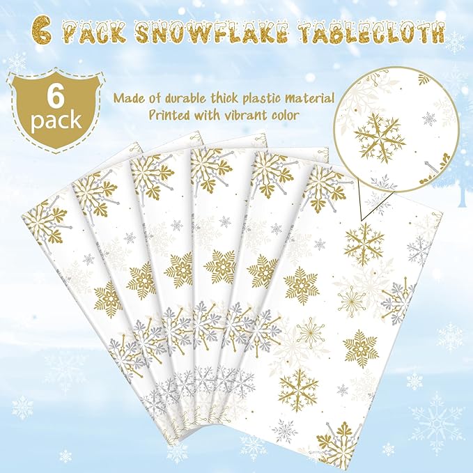 6Pcs Christmas Snowflake Party Tablecloths Decorations, Plastic White and Gold - Image 4