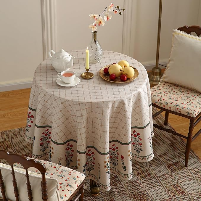 ISAENNE Designer Vintage Linen Floral Round Tablecloth, Fall Colorful Modern - Image 5