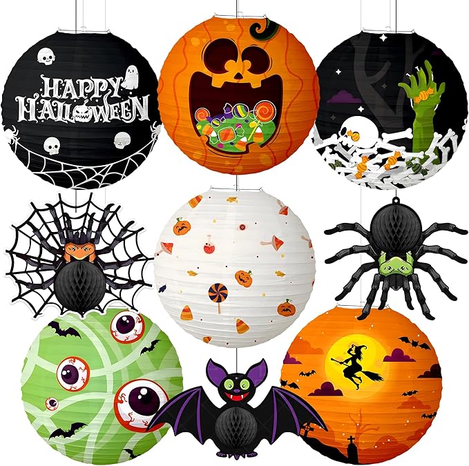 KatchOn, Halloween Paper Lanterns & Honeycomb Set – Pack 9 | Hanging Halloween by KatchOn