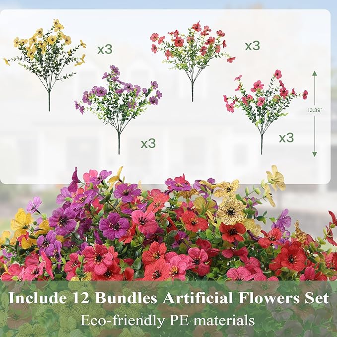 Artificial Flowers for Outdoors 12 Bundles, UV Resistant Colorful Fake Silk - Image 3