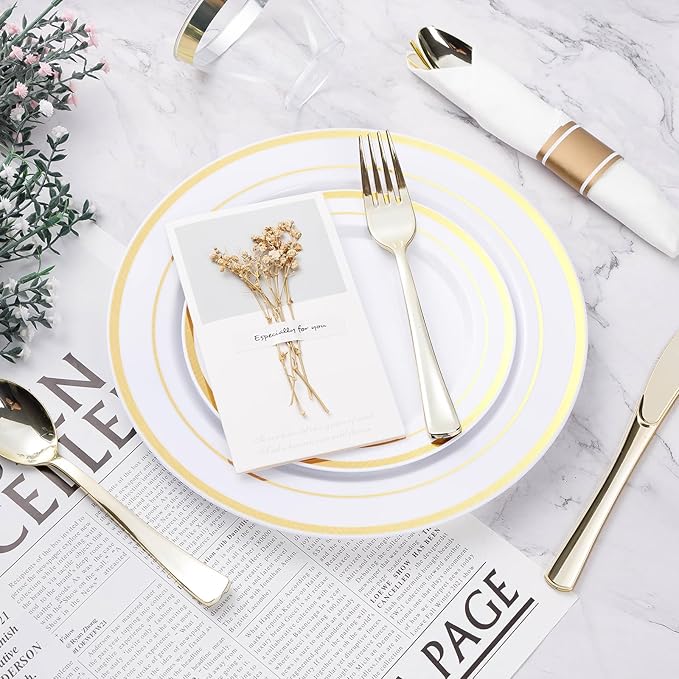 BESTVIP 350PCS Gold Plastic Dinnerware Set, Disposable Party Plates - Image 5