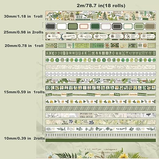18 Rolls Botanical washi Tape Set - Image 3