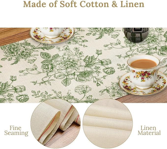 Vintage Flower Table Runner, Wildfloral Green Floral Sketch Pattern Print Table - Image 4