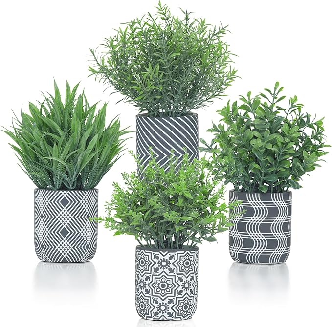 4 Pack Small Fake Plants, Fake Grass Plant, Artificial Boxwood & Rosemary by Unknown