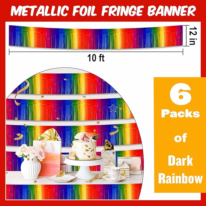 6 Pack 10 Ft Dark Rainbow Foil Fringe Garland Metallic Streamers Tinsel Banner - Image 2