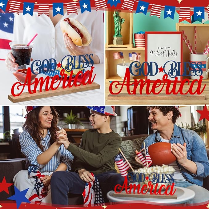 Patriotic God Bless America Metal Sign Rustic Table Decor Holiday Tiered Tray - Image 6