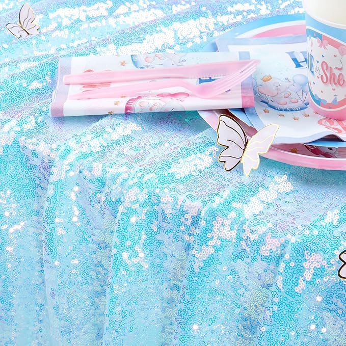 QueenDream Mermaid Blue Tablecloth 90x156 Inches Rectangle Tablecloths Sequin - Image 3