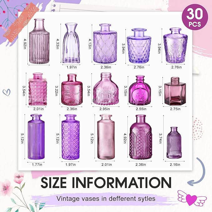 Yaomiao 30 Pcs Vases Bulk Colored Flower Glass Vases Bud Vintage Colored Glass - Image 2