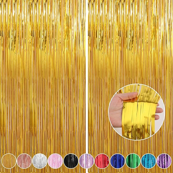 Crosize 2 Pack 3.3 x 9.9 ft Gold Foil Fringe Curtains Party Decorations by Crosize