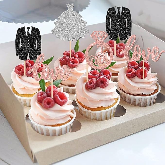 24 PCS Groom and Bride Cupcake Toppers Glitter Ring Love I Do Cupcake Picks - Image 6