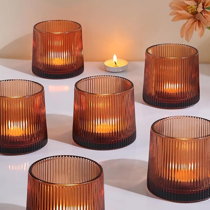 Amber Ribbed Tealight Votive Candle Holders- 6Pack Glass Candle Holders by DARJEN