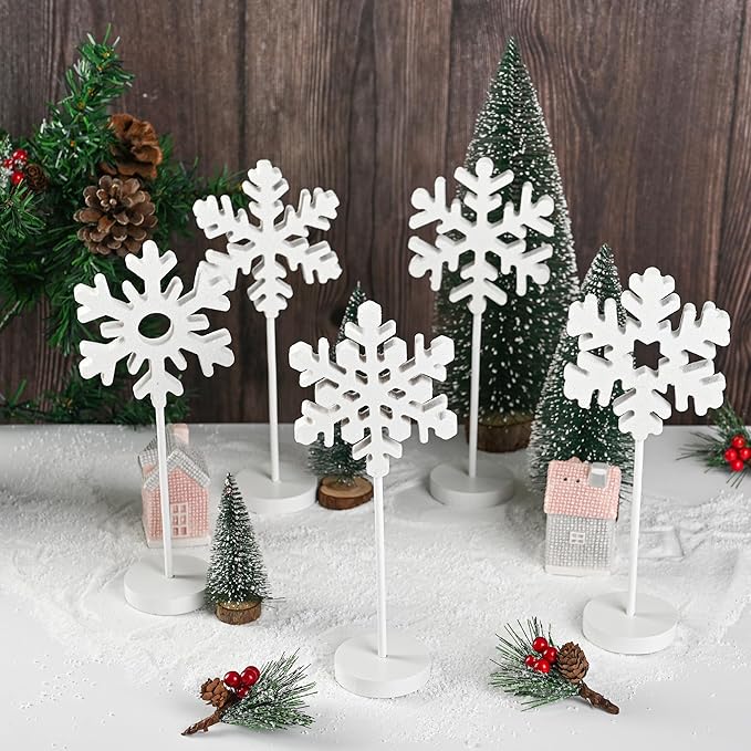 5 Pcs Wooden Christmas Snowflake Sign Winter White Glitter Snowflake by AimFun