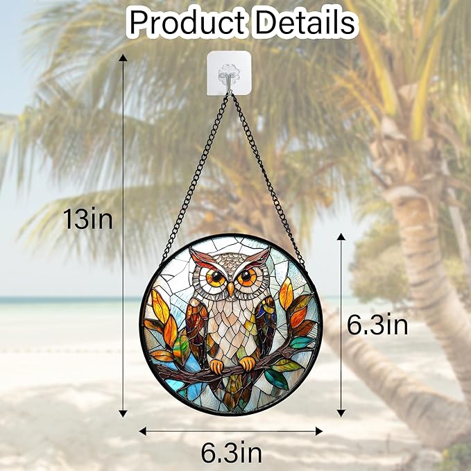 Stained Glass Window Hanging, Owl Colorful Leaves Birds Sun Catchers Diamond - Image 4