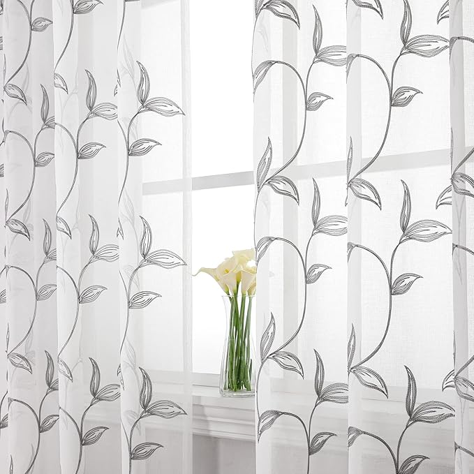 VISIONTEX Sheer Curtains 72 Inch Length 2 Panels, Decor Iron Grey Vine Leaves by VISIONTEX