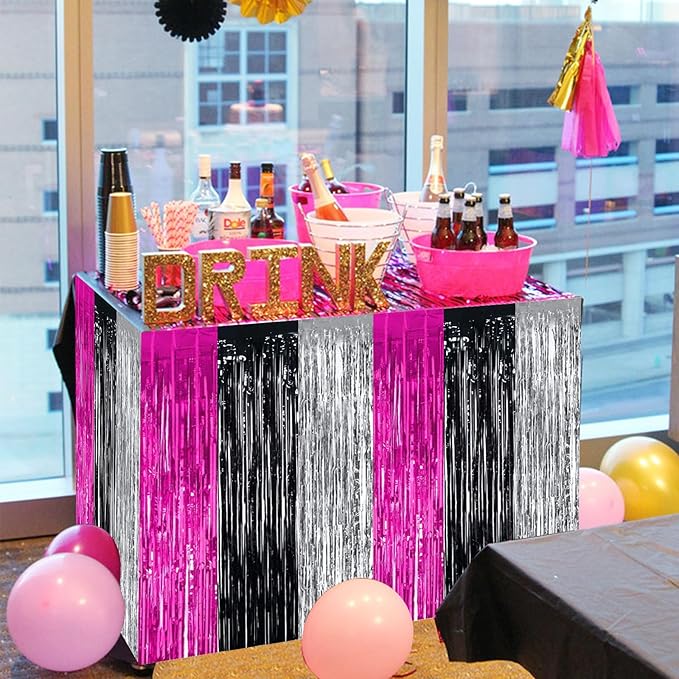 BEISHIDA 2 Pack Hot Pink Black Silver Table Skirts Party Decorations Metallic - Image 5