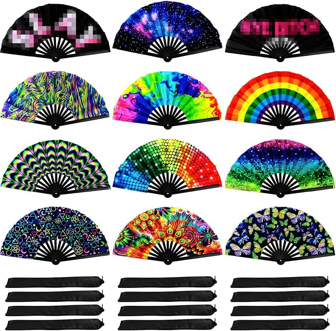 Qunclay 12 Pieces UV Glow Large Rave Folding Hand Fan Festival Fan by Qunclay