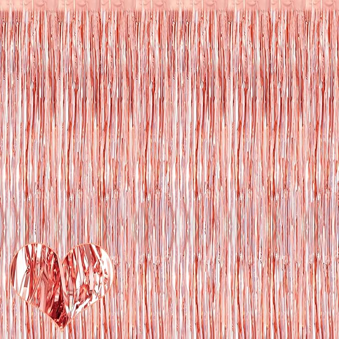 4 Pack Rose Gold Fringe Curtain Backdrop, 3.2Ft x 6.6Ft Metallic Tinsel Foil by Mebiornt