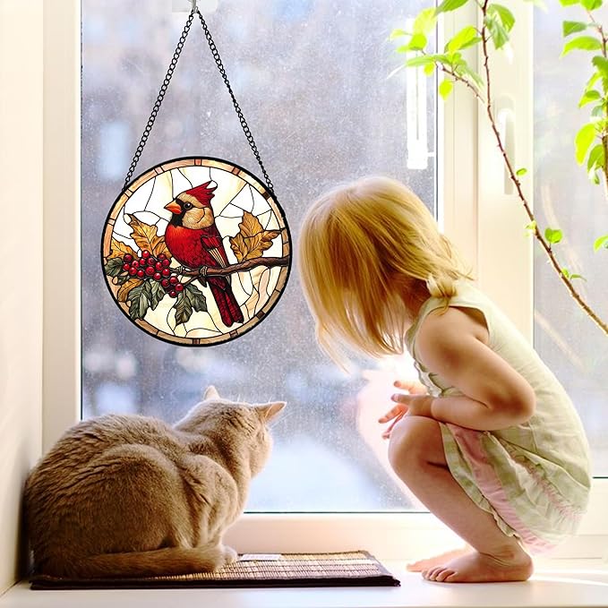 Stained Glass Window Hanging, Birds on a Branch Cardinal Sun Catchers Diamond - Image 3