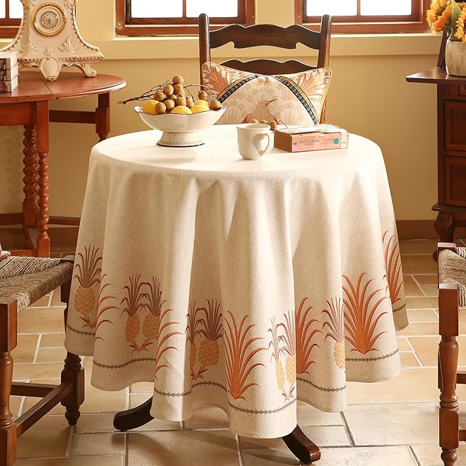 patdrea Designer Vintage Round Tablecloth, Pineapple Pattern Linen Tropical - Image 7
