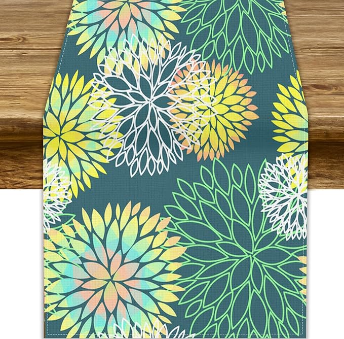 Green Dahlia Flower Table Runner, Linen Geometric Pattern Floral Table Decor by ShiTingYu