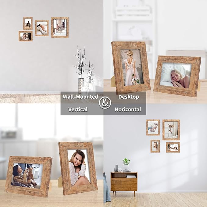 5x7 Picture Frame Set of 4, High Definition Real Glass Rustic Brown Frame - Image 7