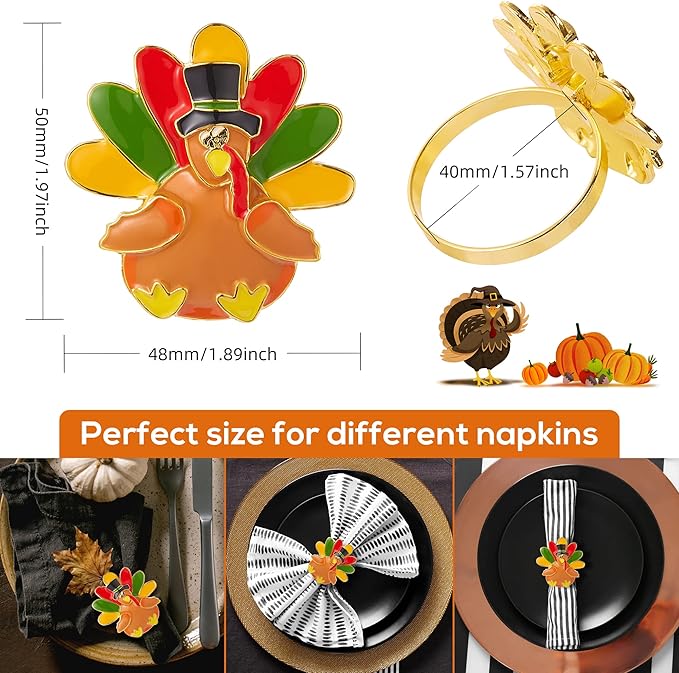 Halatool 8 PCS Thanksgiving Day Turkey Napkin Ring Funny Metal Festival Napkin - Image 2