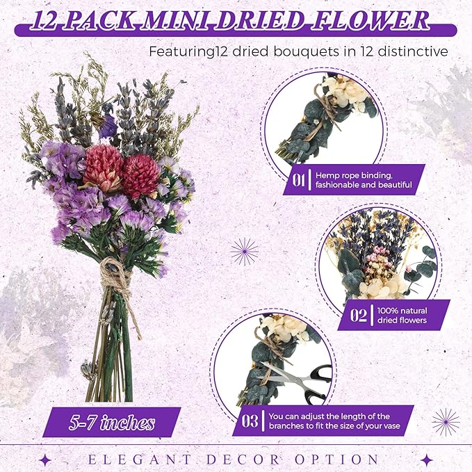 Layhit 12 Pack Boho Dried Flower Bouquet Mini Wedding Handmade Dry Flowers Decor - Image 2