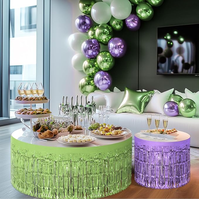 3 Pack Blue Green Purple Table Skirts, 29x108" Metallic Foil Tinsel Fringe - Image 9