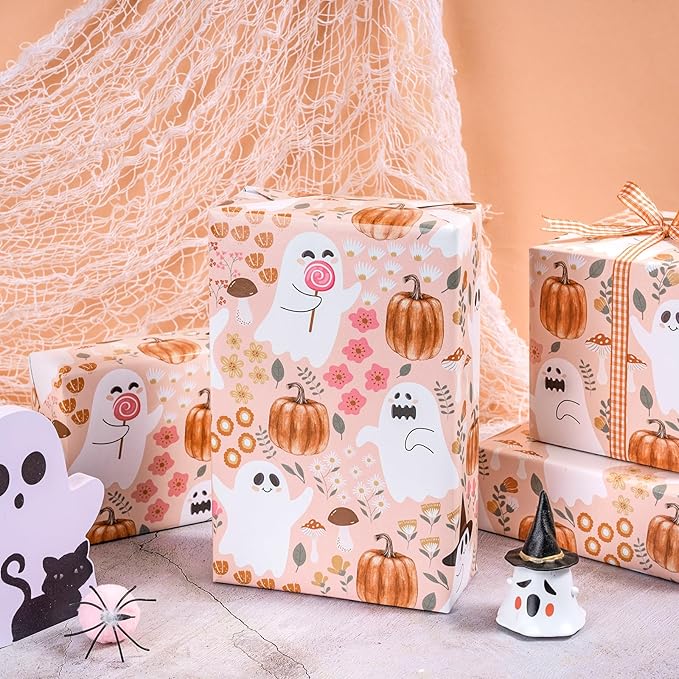 LeZakaa Pink Halloween Wrapping Paper Roll, Cute Ghosts Pumpkins Fall Florals - Image 5