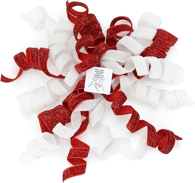6" Metallic Glitter Red and White Self Adhesive Curly Ribbon Gift Wrap Bows - Image 7
