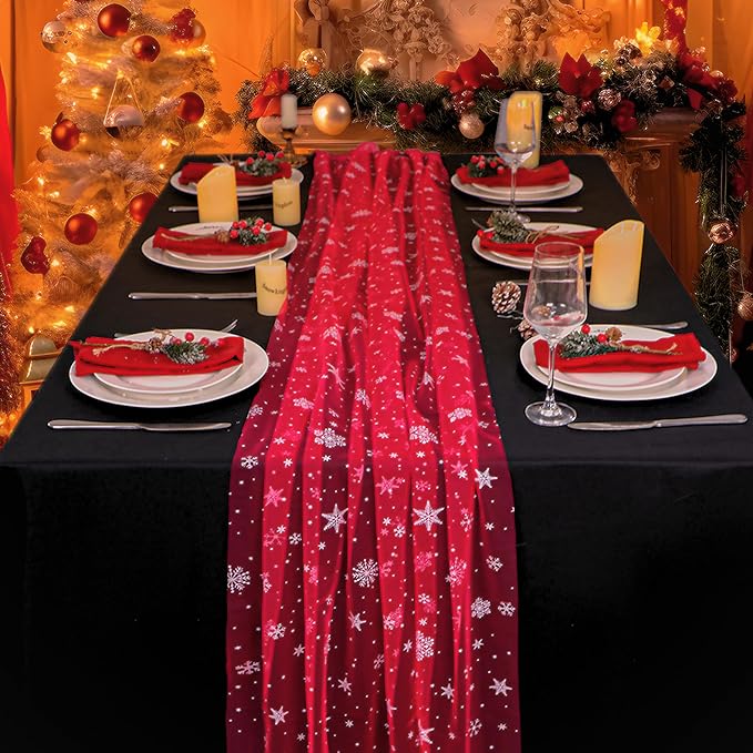 Snowkingdom Red Christmas Table Runner, Chiffon Gauze Seasonal Winter Kitchen - Image 4