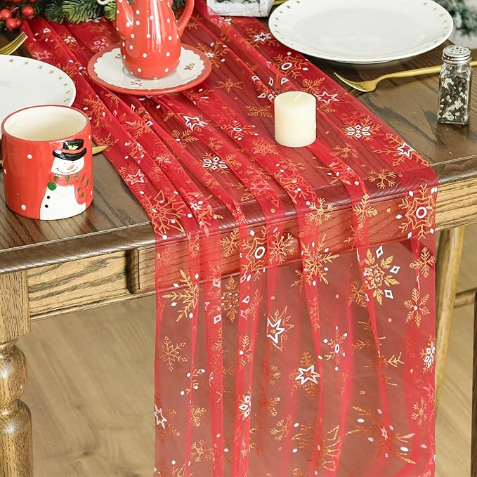 Artoid Mode Red Gold Snowflakes Christmas Gauze Table Runner 120 Inch 10FT by ArtoidMode