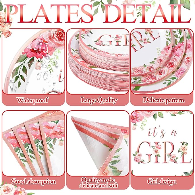 452 Pcs Pink Floral Baby Shower Party Supplies Include It's a Girl Baby Shower - Image 2