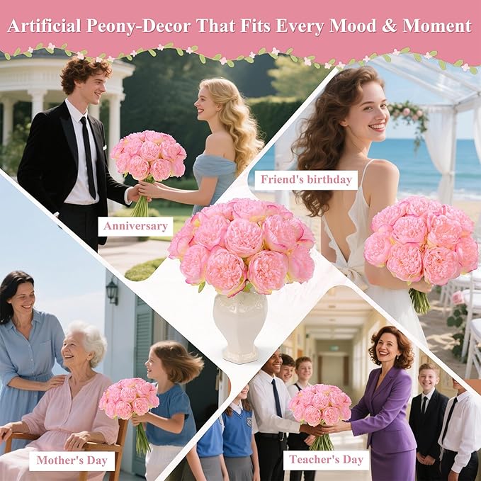 U'Artlines 2 Bouquet 10 Heads Artificial Peony Silk Flower Leaf Home Office - Image 4
