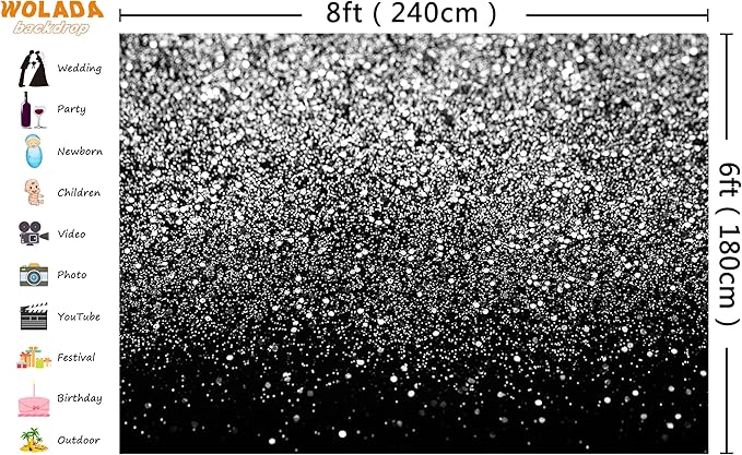 WOLADA Black and Silver Backdrop Silver Glitter Backdrop - Image 4