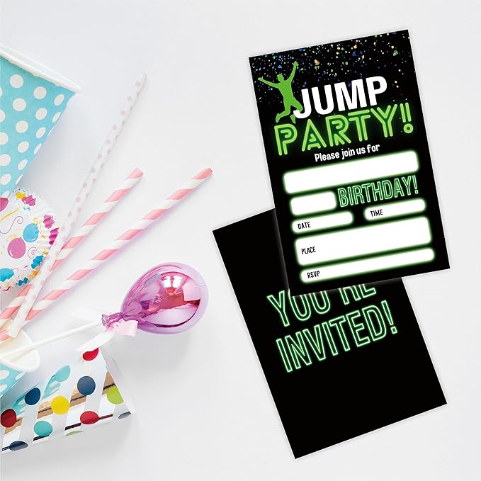 Glow Trampoline Birthday Invitations, Jump Party Invite Cards（20 Count) - Image 3