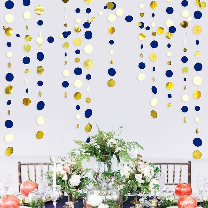 46 Ft Navy Blue and Gold Circle Dots Garland Royal Blue Hanging Paper Polka Dot - Image 6