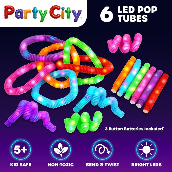 Party City 6pk LED Light Up Pop Tubes 25”- 3 Mode Stretchy Tubes LED Light Up - Image 6