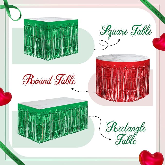 2 Pack Red Green Table Skirts, 29x108" Metallic Foil Tinsel Fringe Table Skirt - Image 4