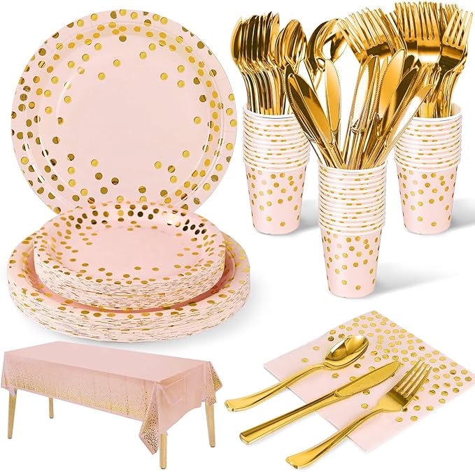 141 Pieces Pink Gold Party Supplies, Party Dinnerware Sets Include Paper Plates by Nkaiso